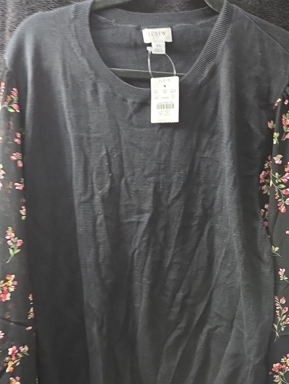 J. Crew Black Sweater with Pink and Green Floral Sleeves